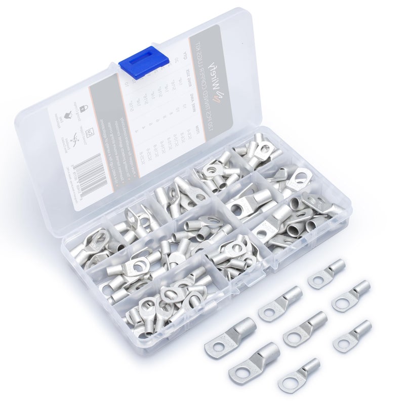 Wirefy 120 PCS Tinned Copper Wire Lugs Kit - Battery Lugs - Crimp Battery Cable Ends - Ring Terminals - 10-4 Gauge - Image 1